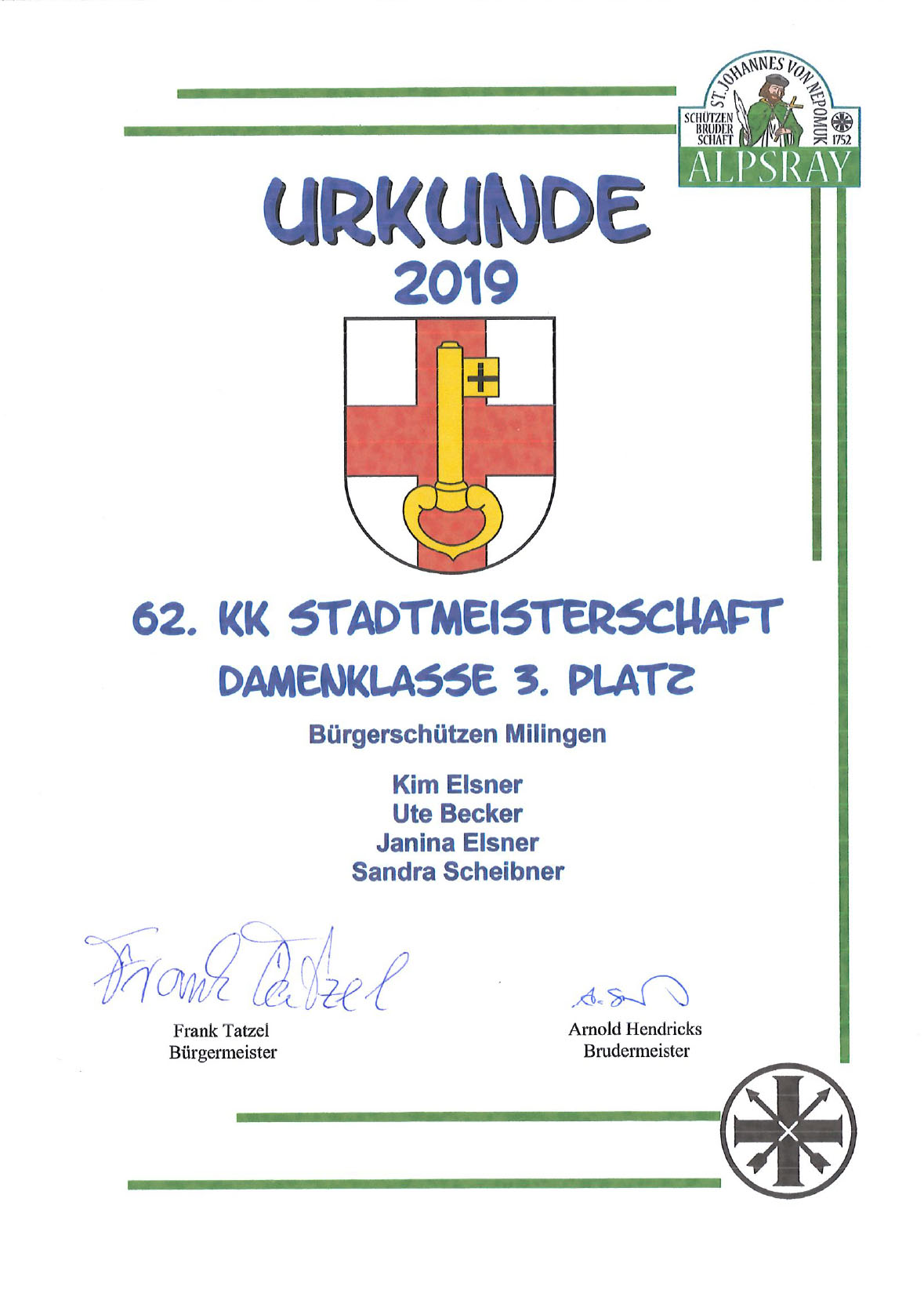 Urkunde 62. KK-Stadtmeisterschaft-Damen